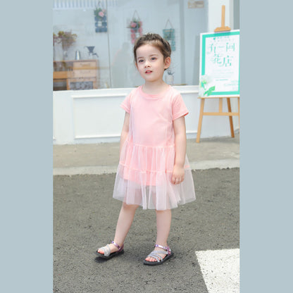 MyKids-USA® Girl Solid Mesh Pattern Short Sleeve Round Collar Dress In