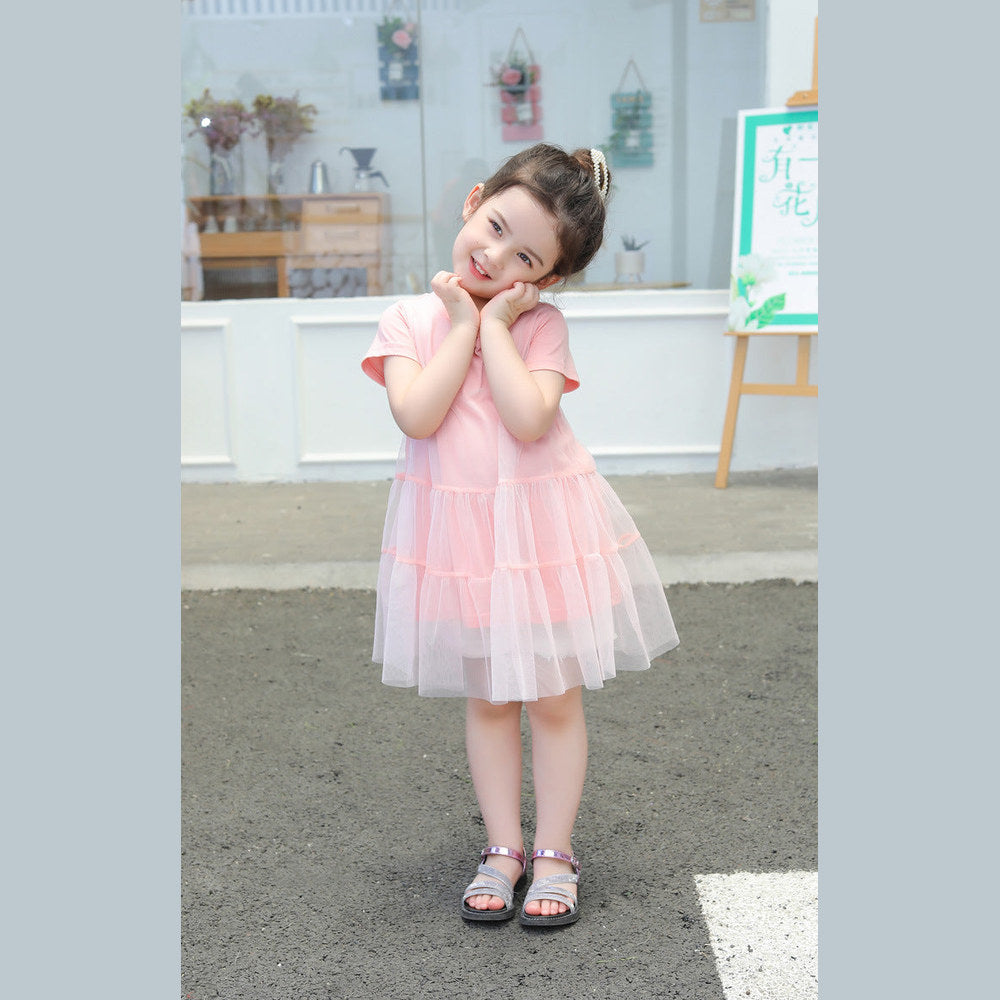 MyKids-USA® Girl Solid Mesh Pattern Short Sleeve Round Collar Dress In