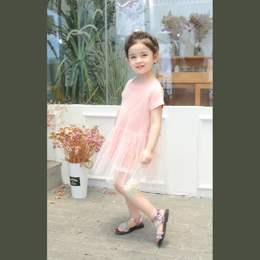 MyKids-USA® Girl Solid Mesh Pattern Short Sleeve Round Collar Dress In
