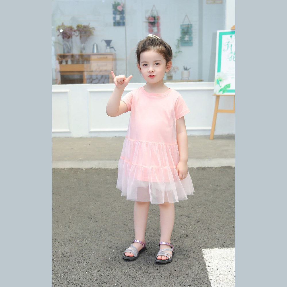 MyKids-USA® Girl Solid Mesh Pattern Short Sleeve Round Collar Dress In
