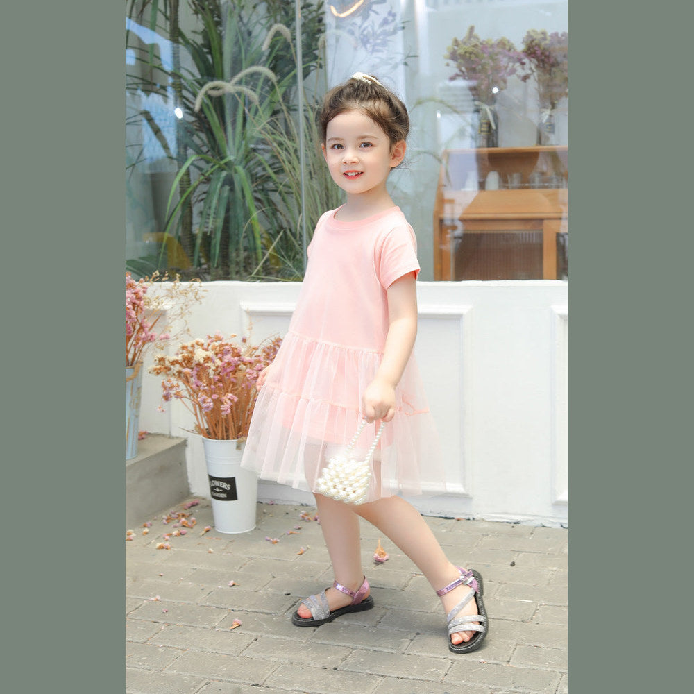 MyKids-USA® Girl Solid Mesh Pattern Short Sleeve Round Collar Dress In