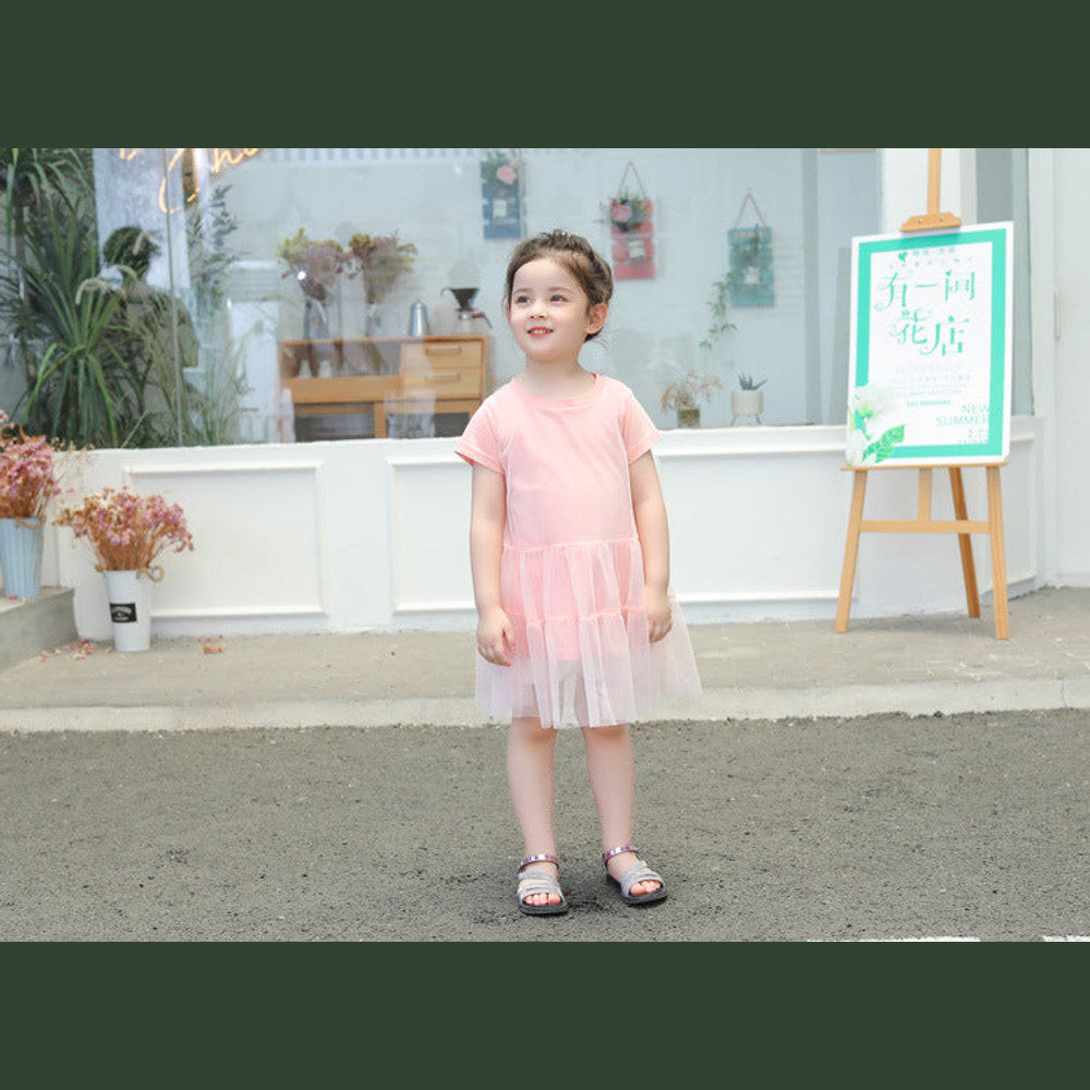 MyKids-USA® Girl Solid Mesh Pattern Short Sleeve Round Collar Dress In