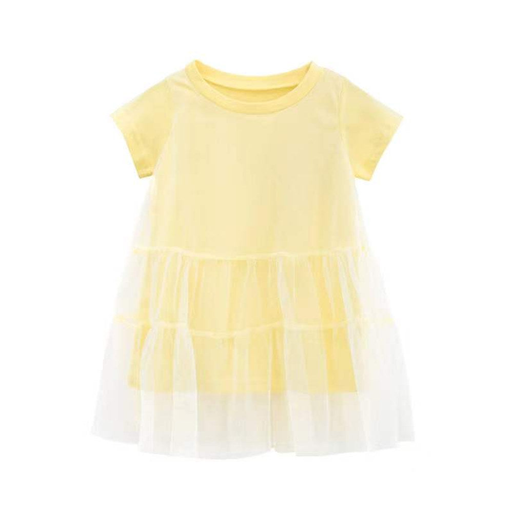 MyKids-USA® Girl Solid Mesh Pattern Short Sleeve Round Collar Dress In