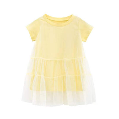 MyKids-USA® Girl Solid Mesh Pattern Short Sleeve Round Collar Dress In