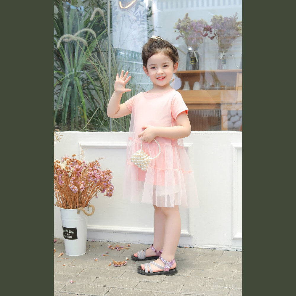 MyKids-USA® Girl Solid Mesh Pattern Short Sleeve Round Collar Dress In