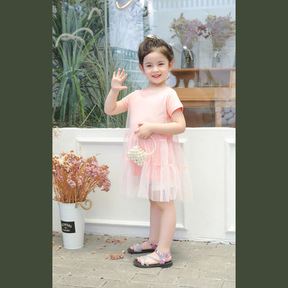 MyKids-USA® Girl Solid Mesh Pattern Short Sleeve Round Collar Dress In