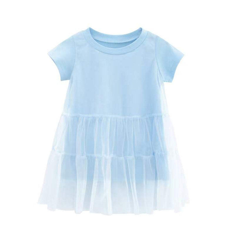 MyKids-USA® Girl Solid Mesh Pattern Short Sleeve Round Collar Dress In