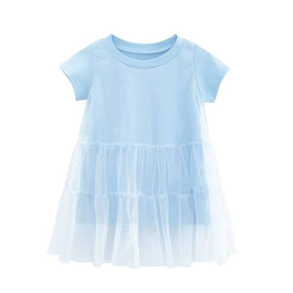 MyKids-USA® Girl Solid Mesh Pattern Short Sleeve Round Collar Dress In