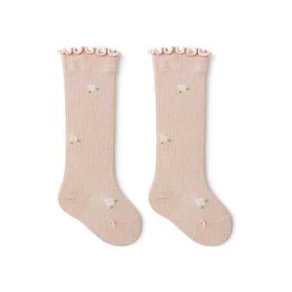 MyKids-USA® Baby Girl Solid Color Floral Embroidered Pattern Breathable Knee Socks