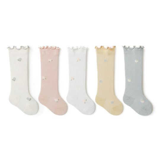 MyKids-USA® Baby Girl Solid Color Floral Embroidered Pattern Breathable Knee Socks