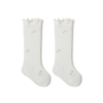MyKids-USA® Baby Girl Solid Color Floral Embroidered Pattern Breathable Knee Socks