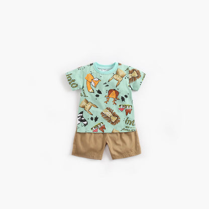 MyKids-USA® Baby Boy Animal Print Short-Sleeved Top Combo Solid Color Shorts Sets In Summer