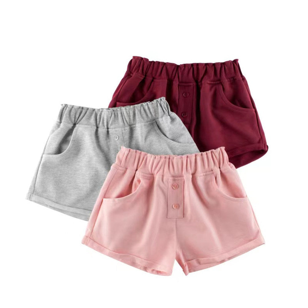 MyKids-USA® Baby Girl Solid Color Button Design Flap Short Pants With Pockets