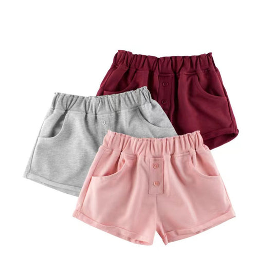 MyKids-USA® Baby Girl Solid Color Button Design Flap Short Pants With Pockets