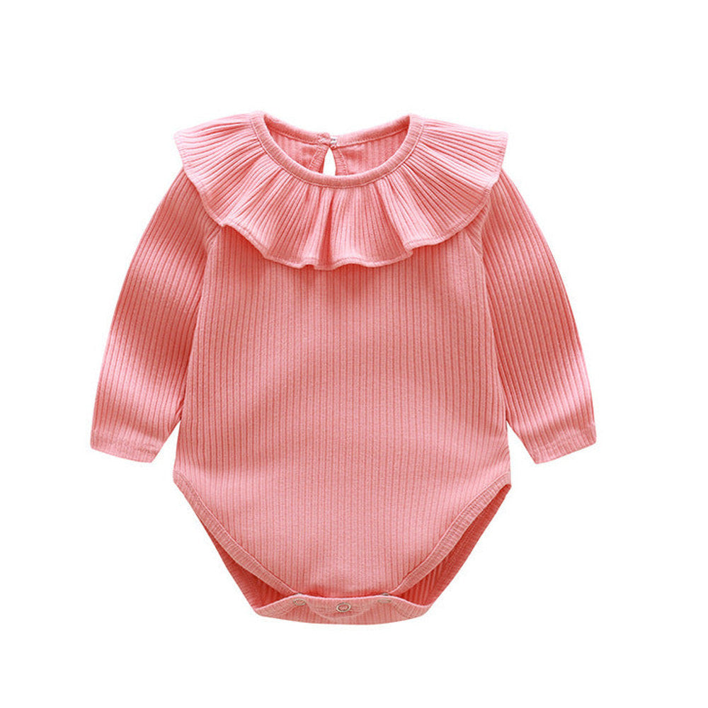 MyKids-USA® Baby Solid Color Ruffle & Buttoned Design Long-Sleeved O-Neck bodysuit