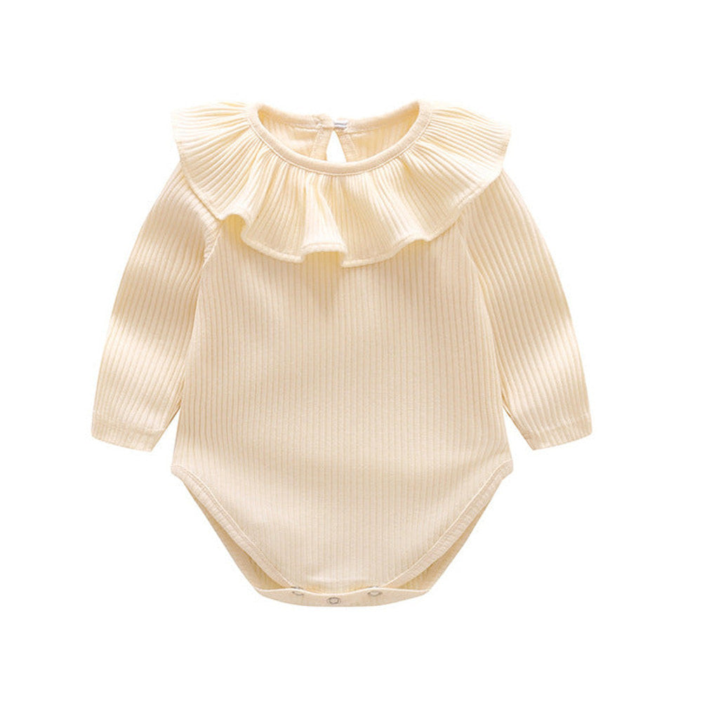 MyKids-USA® Baby Solid Color Ruffle & Buttoned Design Long-Sleeved O-Neck bodysuit