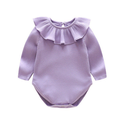 MyKids-USA® Baby Solid Color Ruffle & Buttoned Design Long-Sleeved O-Neck bodysuit