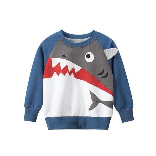 MyKids-USA® Baby Boy Shark Graphic Contrast Design Long Sleeved O-Neck Pullover Hoodies