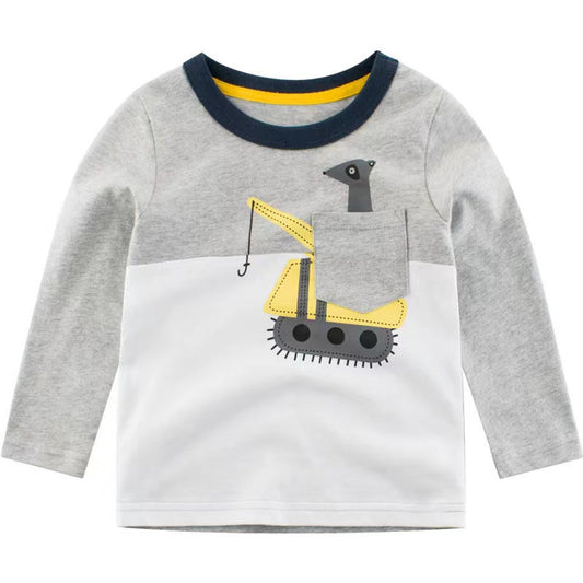 MyKids-USA® Baby Boy Cartoon Excavator & Animal Pattern Contrast Design Shirt