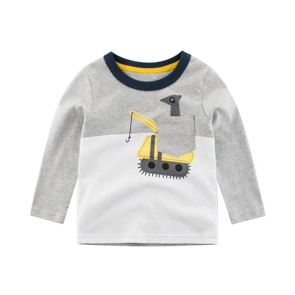 MyKids-USA® Baby Boy Cartoon Excavator & Animal Pattern Contrast Design Shirt