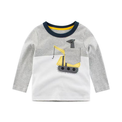 MyKids-USA® Baby Boy Cartoon Excavator & Animal Pattern Contrast Design Shirt