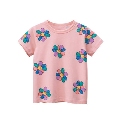 MyKids-USA® Baby Girl Sunflower Print Short Sleeved Lovely T-Shirt In Outfit