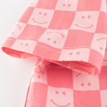 MyKids-USA® Girl Plaid Pattern Smiley Print O-Neck T-Shirt In