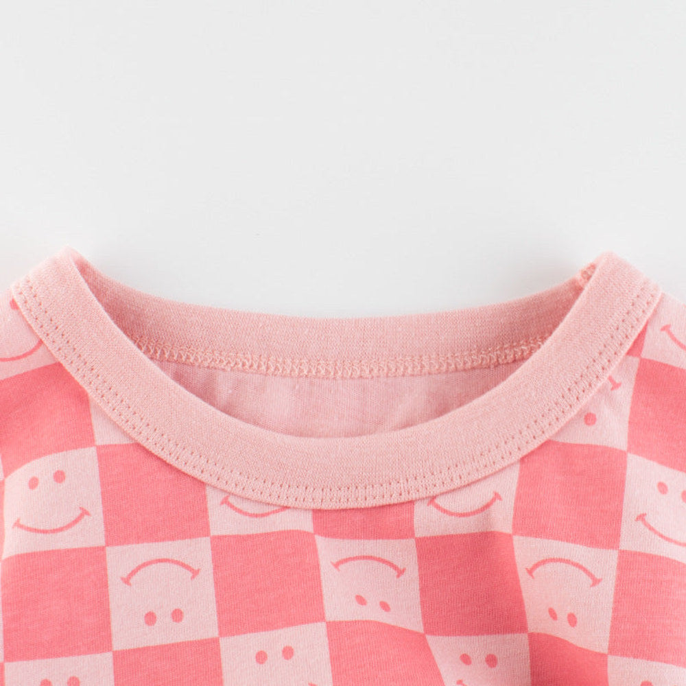MyKids-USA® Girl Plaid Pattern Smiley Print O-Neck T-Shirt In