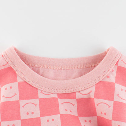 MyKids-USA® Girl Plaid Pattern Smiley Print O-Neck T-Shirt In