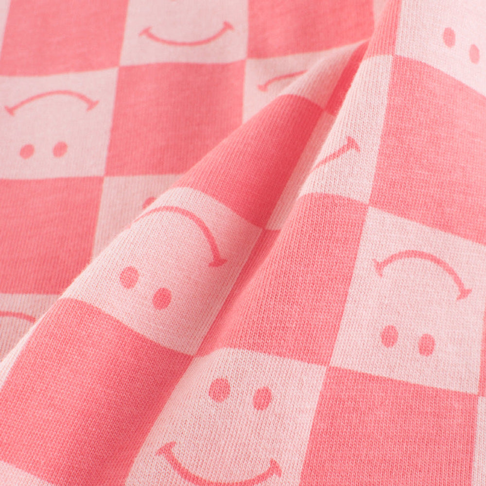 MyKids-USA® Girl Plaid Pattern Smiley Print O-Neck T-Shirt In