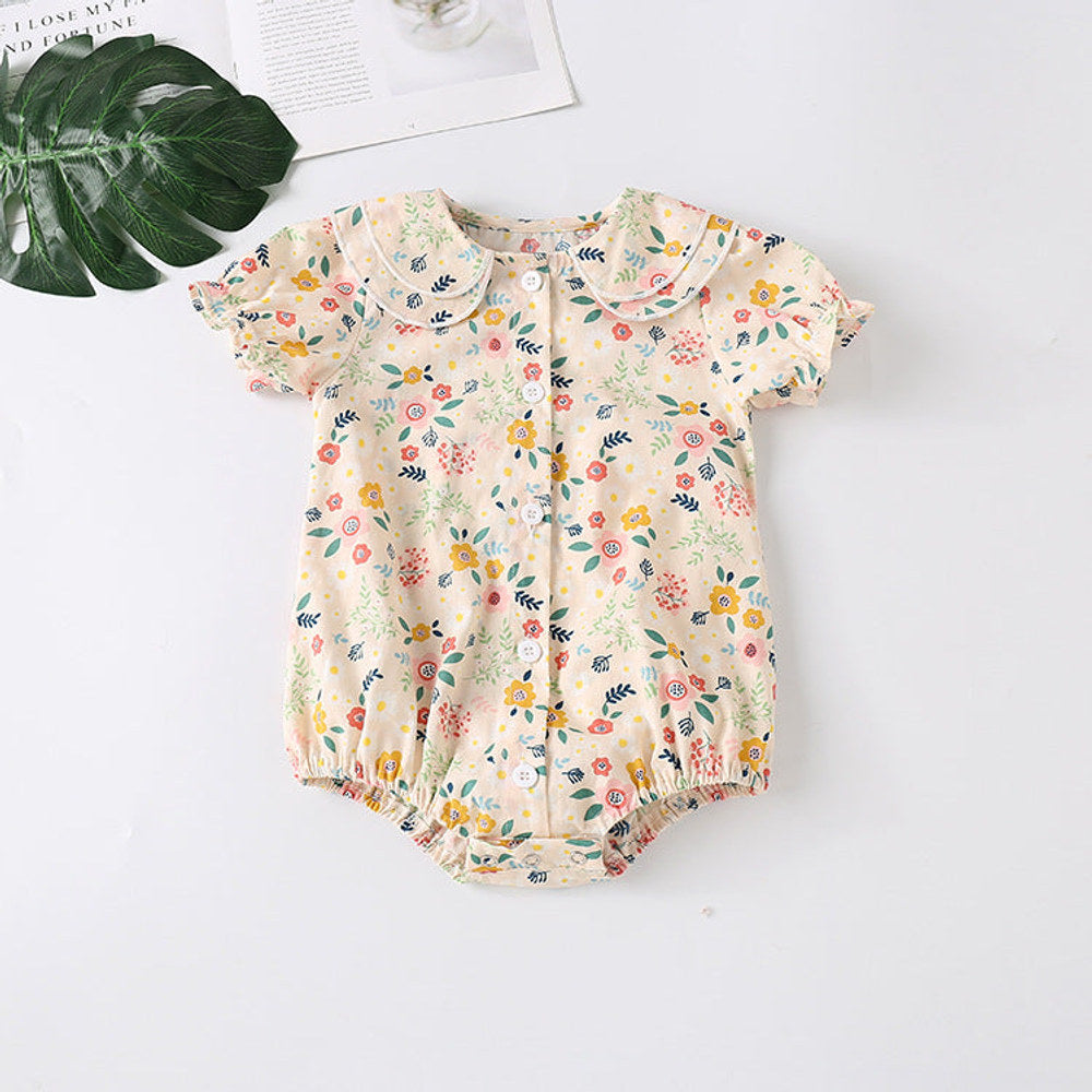 MyKids-USA® Baby Girl Froral Print Pattern Shirt With Double Collar Design Short Sleeved bodysuit