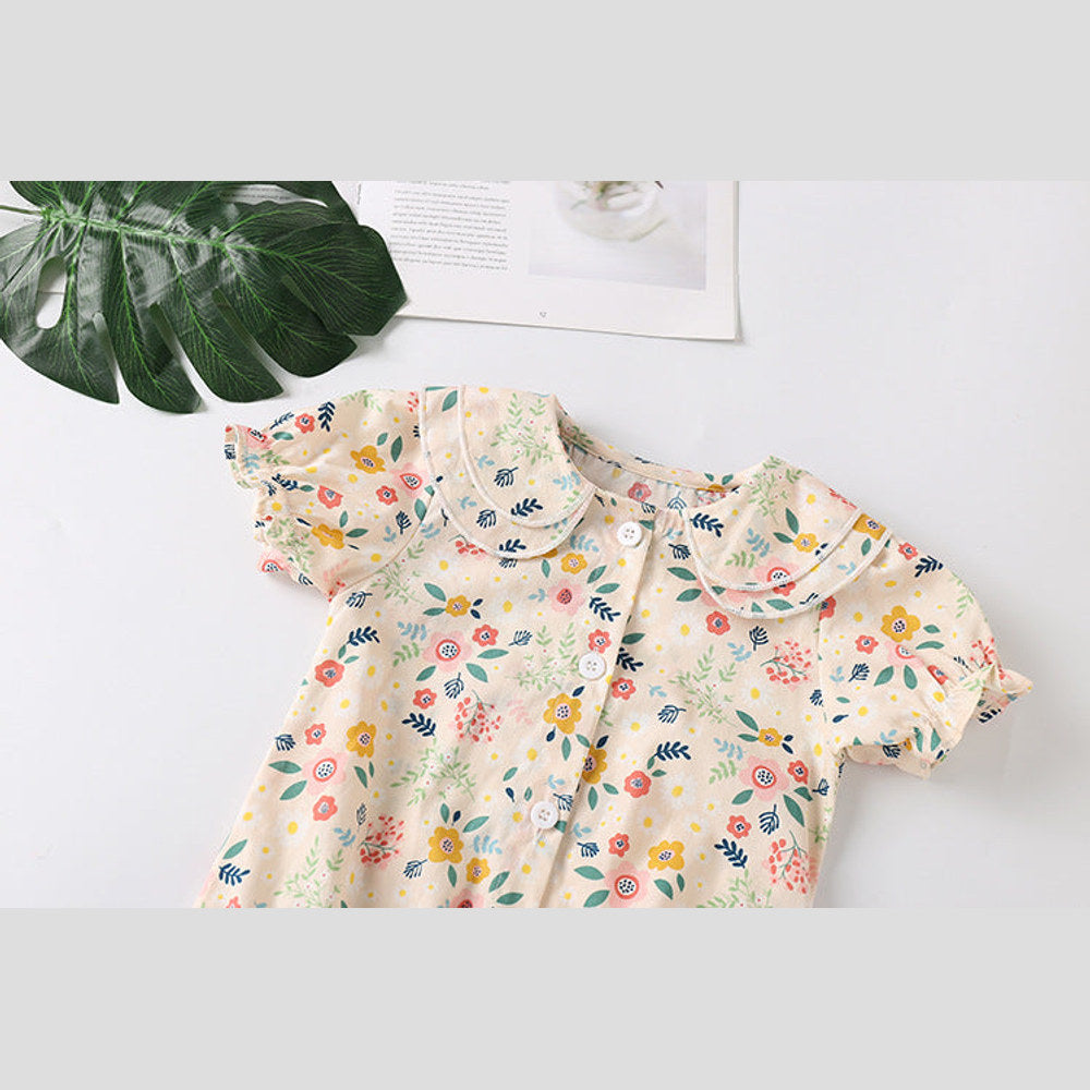 MyKids-USA® Baby Girl Froral Print Pattern Shirt With Double Collar Design Short Sleeved bodysuit