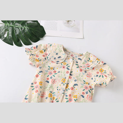 MyKids-USA® Baby Girl Froral Print Pattern Shirt With Double Collar Design Short Sleeved bodysuit