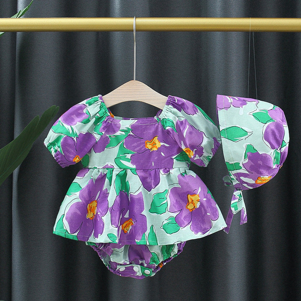 MyKids-USA® Baby Girl Flower Graphic Square Neck Fashion bodysuit Dress With Hat