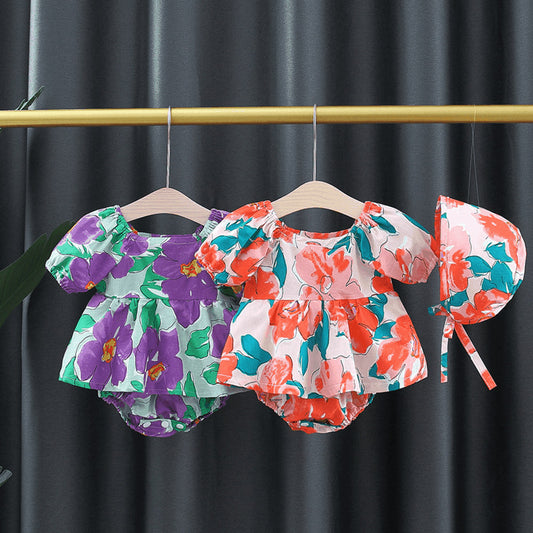 MyKids-USA® Baby Girl Flower Graphic Square Neck Fashion bodysuit Dress With Hat