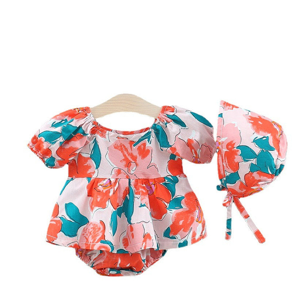 MyKids-USA® Baby Girl Flower Graphic Square Neck Fashion bodysuit Dress With Hat