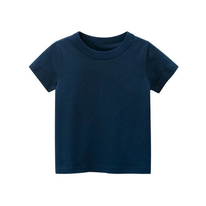 MyKids-USA® Baby Kids No Pattern Solid Color Short-Sleeved Tops In Summer Outfit Wearing