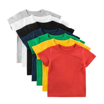 MyKids-USA® Baby Kids No Pattern Solid Color Short-Sleeved Tops In Summer Outfit Wearing