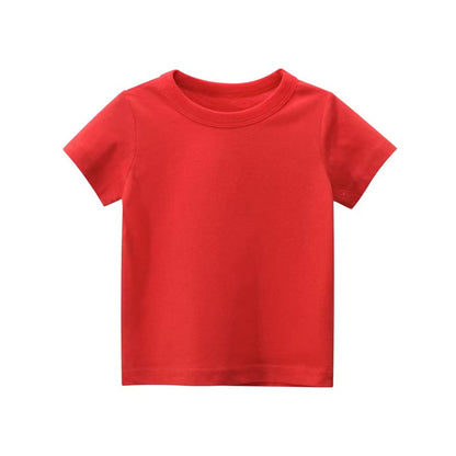 MyKids-USA® Baby Kids No Pattern Solid Color Short-Sleeved Tops In Summer Outfit Wearing