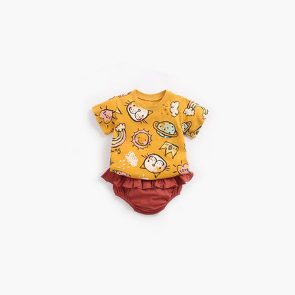 MyKids-USA® Baby Girl Cartoon Print O-Neck T-Shirt Combo Ruffle Shorts Sets