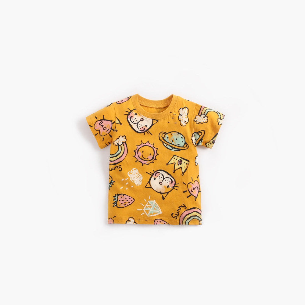 MyKids-USA® Baby Girl Cartoon Print O-Neck T-Shirt Combo Ruffle Shorts Sets