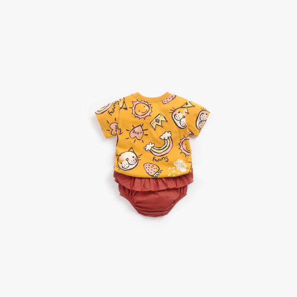 MyKids-USA® Baby Girl Cartoon Print O-Neck T-Shirt Combo Ruffle Shorts Sets