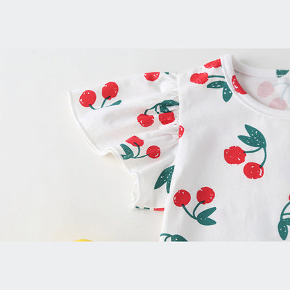 MyKids-USA® Baby Girl Cherry Print Pattern Mesh Patchwork Design Round-Collar Short-Sleeved Dress bodysuit