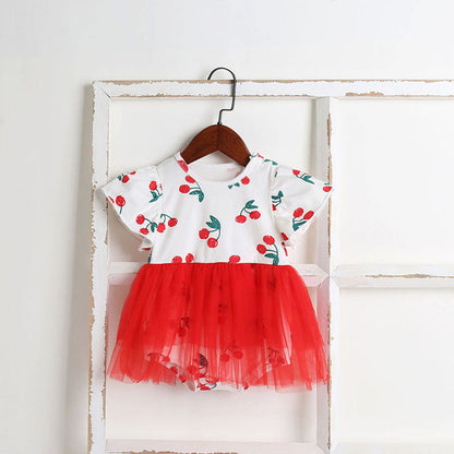 MyKids-USA® Baby Girl Cherry Print Pattern Mesh Patchwork Design Round-Collar Short-Sleeved Dress bodysuit