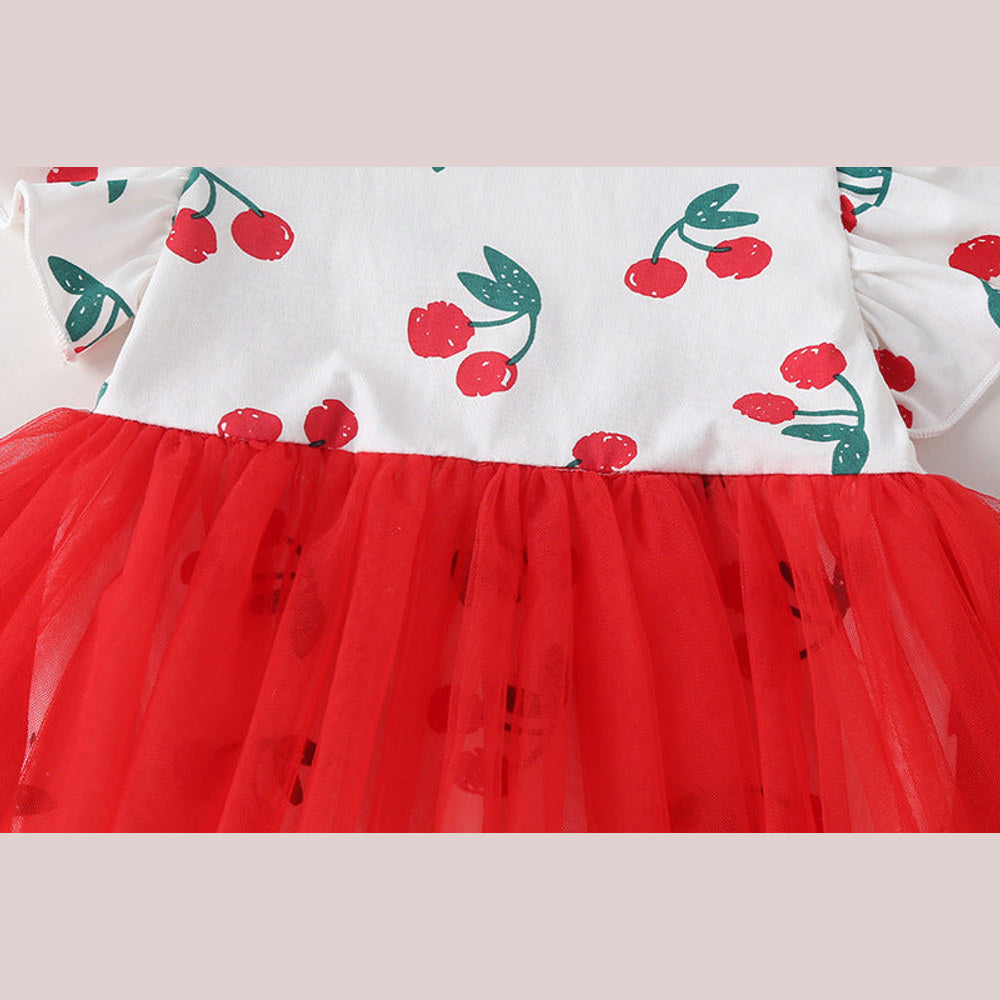 MyKids-USA® Baby Girl Cherry Print Pattern Mesh Patchwork Design Round-Collar Short-Sleeved Dress bodysuit