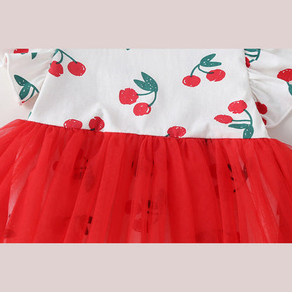 MyKids-USA® Baby Girl Cherry Print Pattern Mesh Patchwork Design Round-Collar Short-Sleeved Dress bodysuit