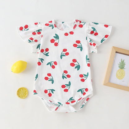 MyKids-USA® Baby Girl Cherry Print Pattern Mesh Patchwork Design Round-Collar Short-Sleeved Dress bodysuit