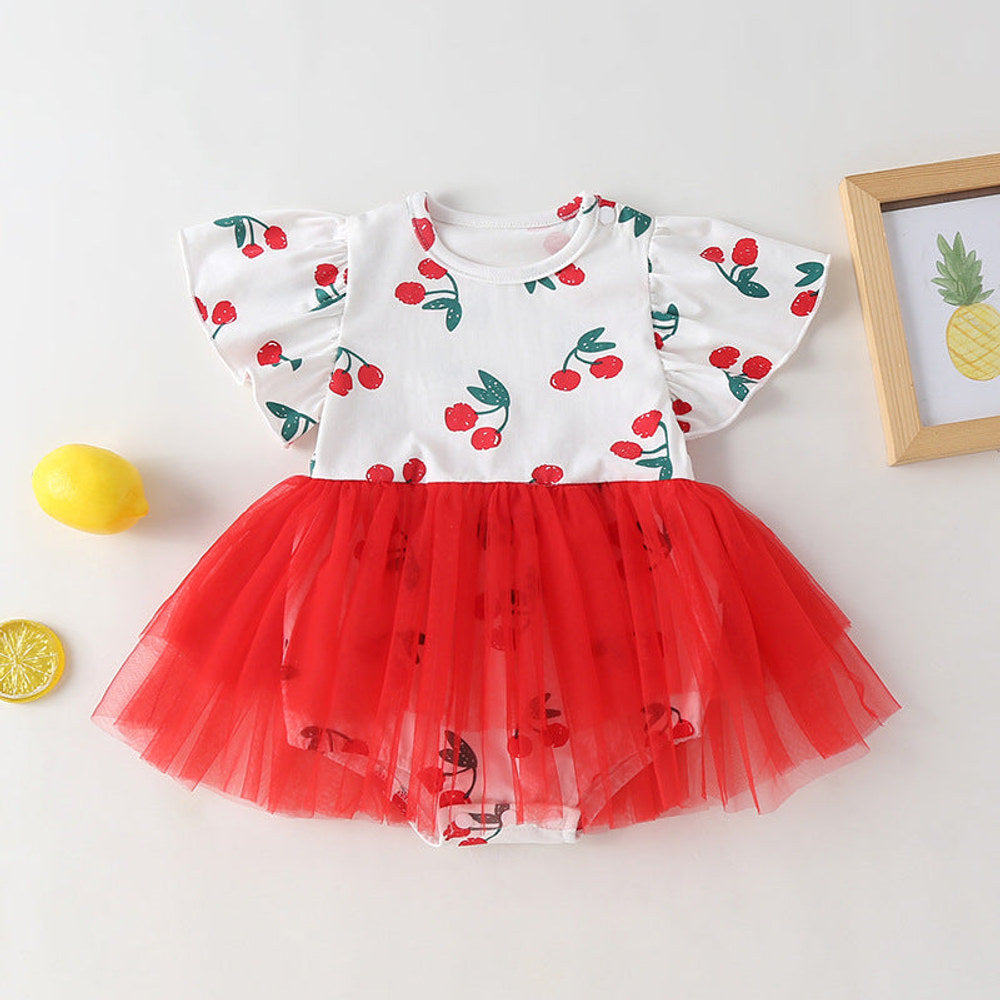 MyKids-USA® Baby Girl Cherry Print Pattern Mesh Patchwork Design Round-Collar Short-Sleeved Dress bodysuit
