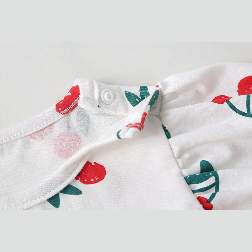 MyKids-USA® Baby Girl Cherry Print Pattern Mesh Patchwork Design Round-Collar Short-Sleeved Dress bodysuit