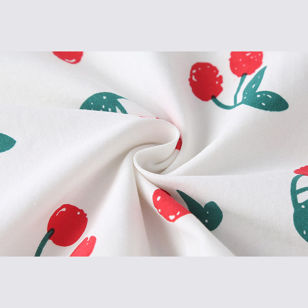 MyKids-USA® Baby Girl Cherry Print Pattern Mesh Patchwork Design Round-Collar Short-Sleeved Dress bodysuit